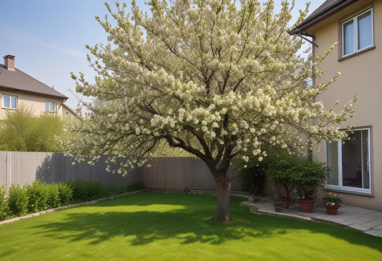 Spring blooms in a residential backyard with a tree Spring blooms in a residential backyard with a tree
