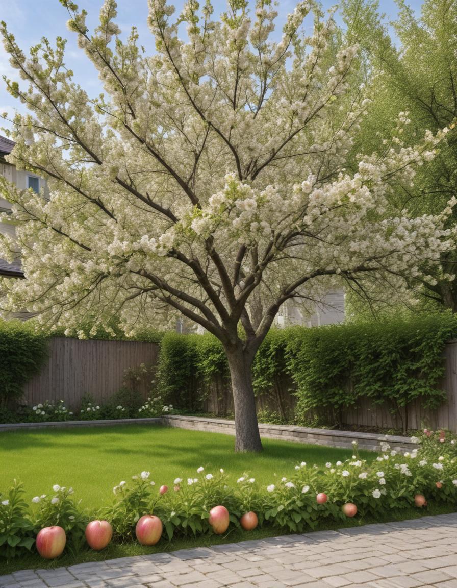 Blooming tree enhances a sunny garden landscape Blooming tree enhances a sunny garden landscape