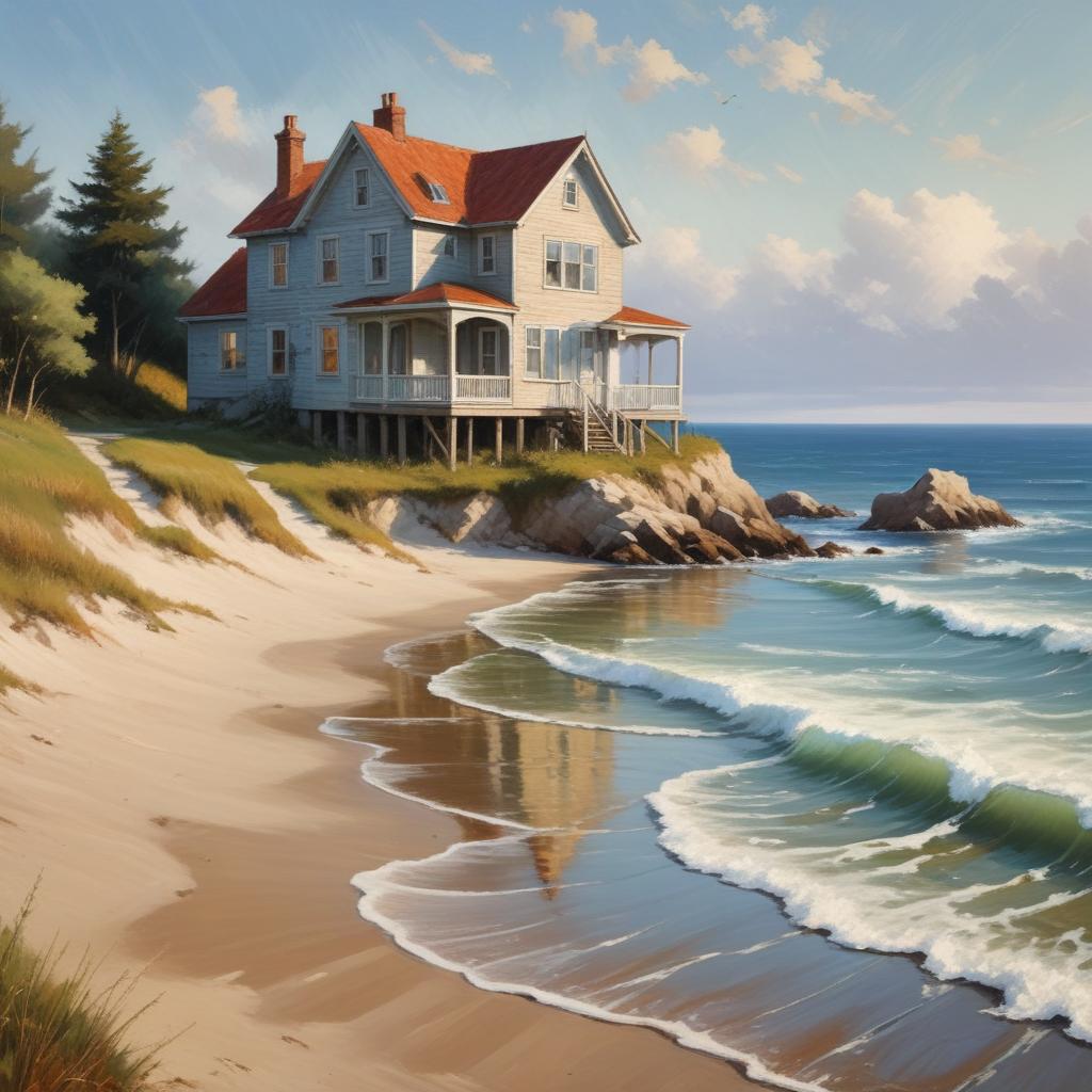Coastal house stands by sandy beach and gentle waves Coastal house stands by sandy beach and gentle waves