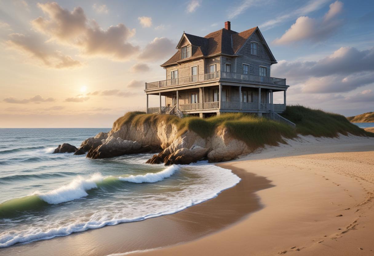 Coastal house by the shore at sunset with waves Coastal house by the shore at sunset with waves