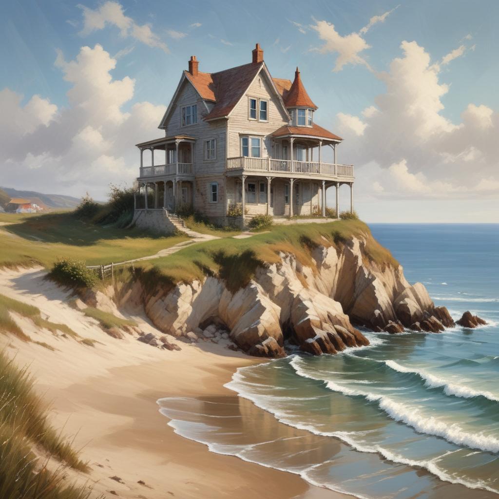 Coastal house overlooks serene beach at sunset Coastal house overlooks serene beach at sunset