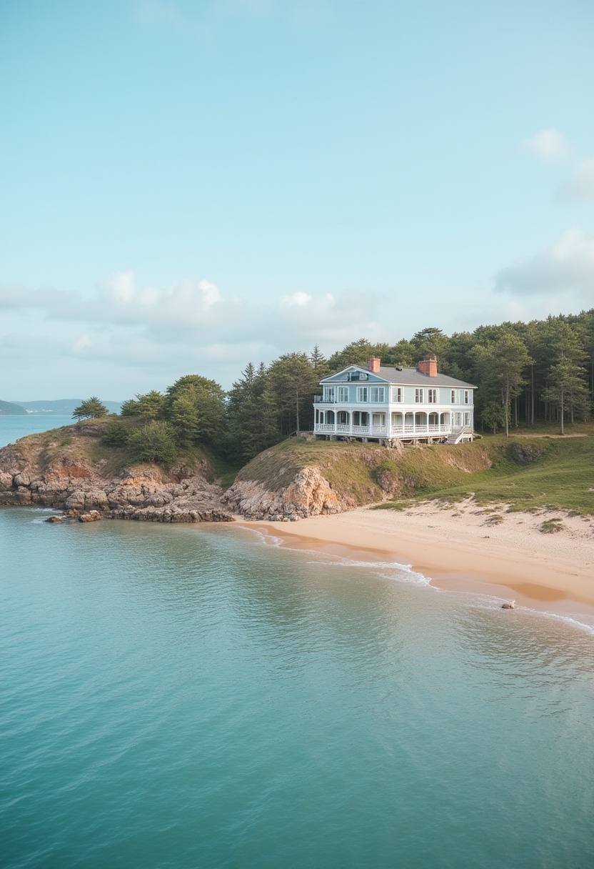 Coastal house overlooks serene beach and calm waters Coastal house overlooks serene beach and calm waters