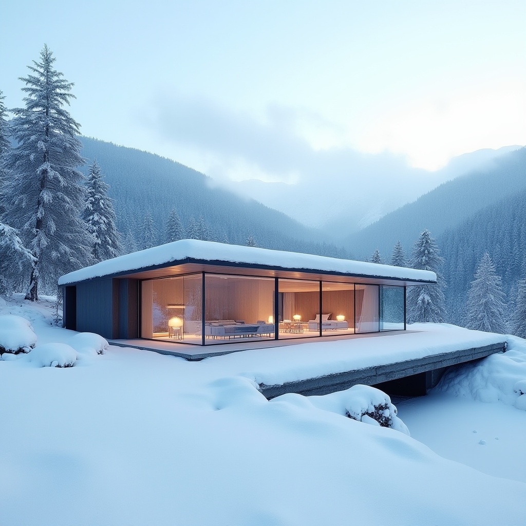 Modern cabin nestled in snowy mountains during winter Modern cabin nestled in snowy mountains during winter