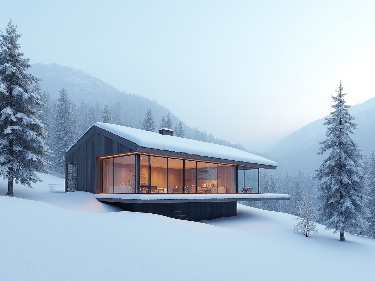 Modern cabin surrounded by winter landscape at sunset Modern cabin surrounded by winter landscape at sunset