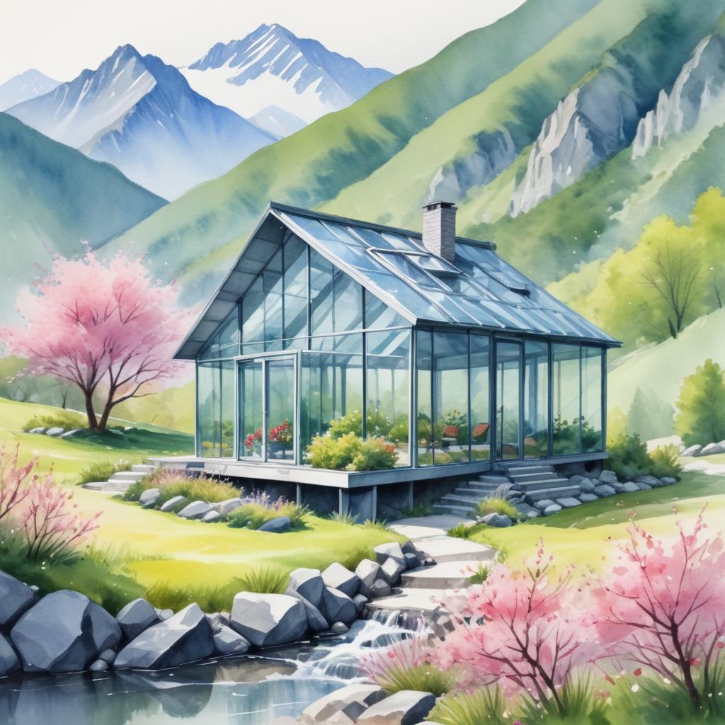 Beautiful greenhouse nestled in serene mountain valley Beautiful greenhouse nestled in serene mountain valley