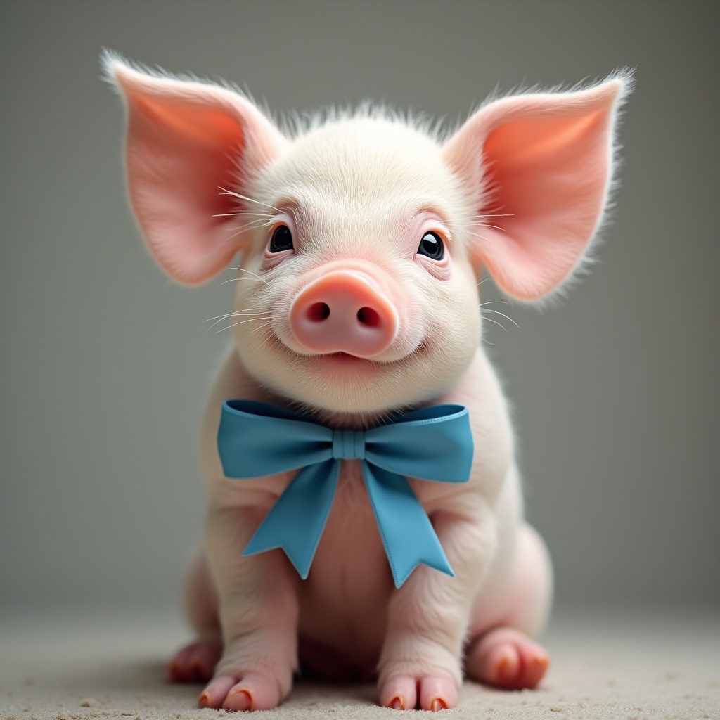 Cute piglet wearing a blue bow sitting on a light background Cute piglet wearing a blue bow sitting on a light background