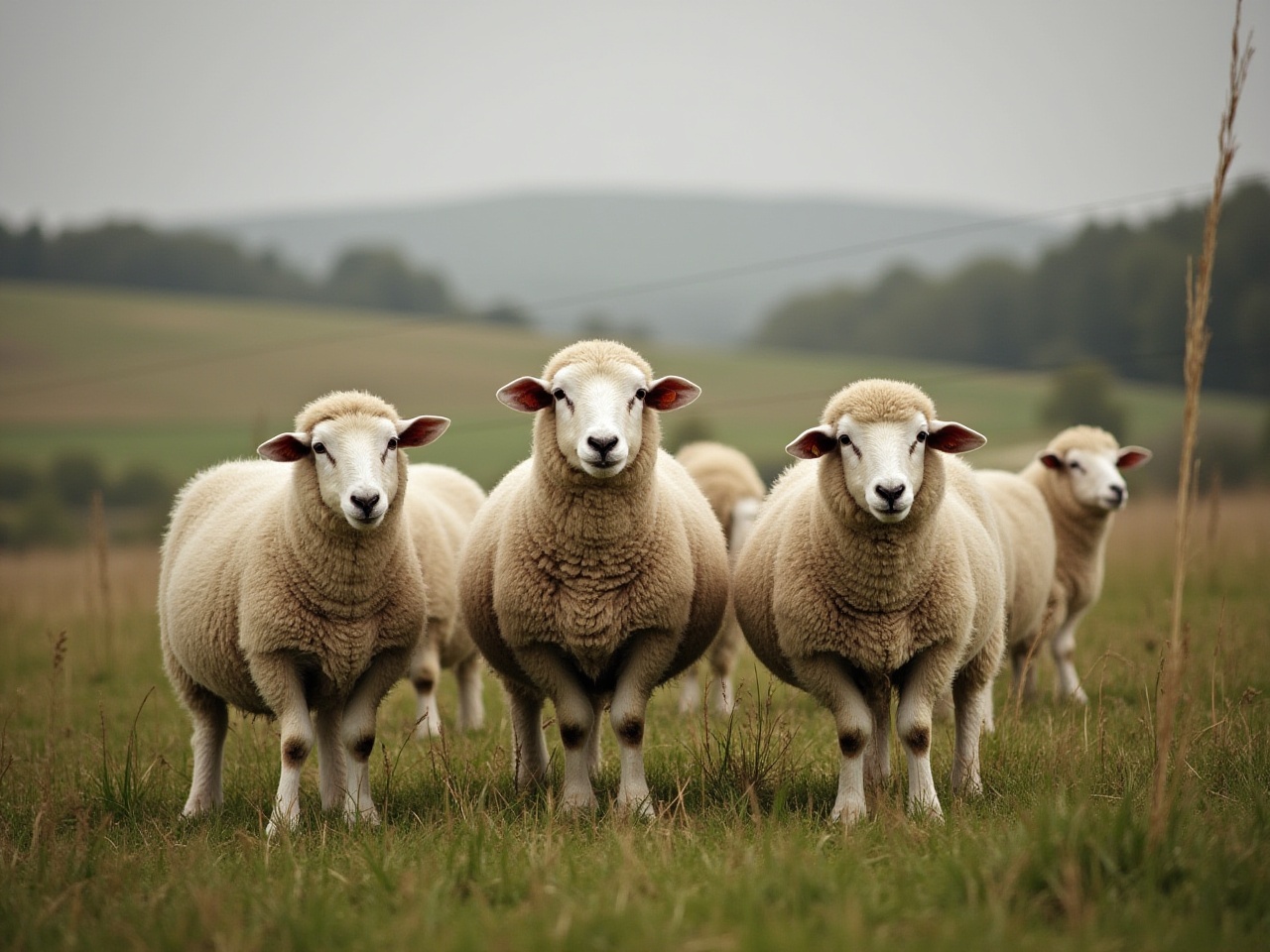 Flock of sheep grazing on a green pasture in autumn Flock of sheep grazing on a green pasture in autumn