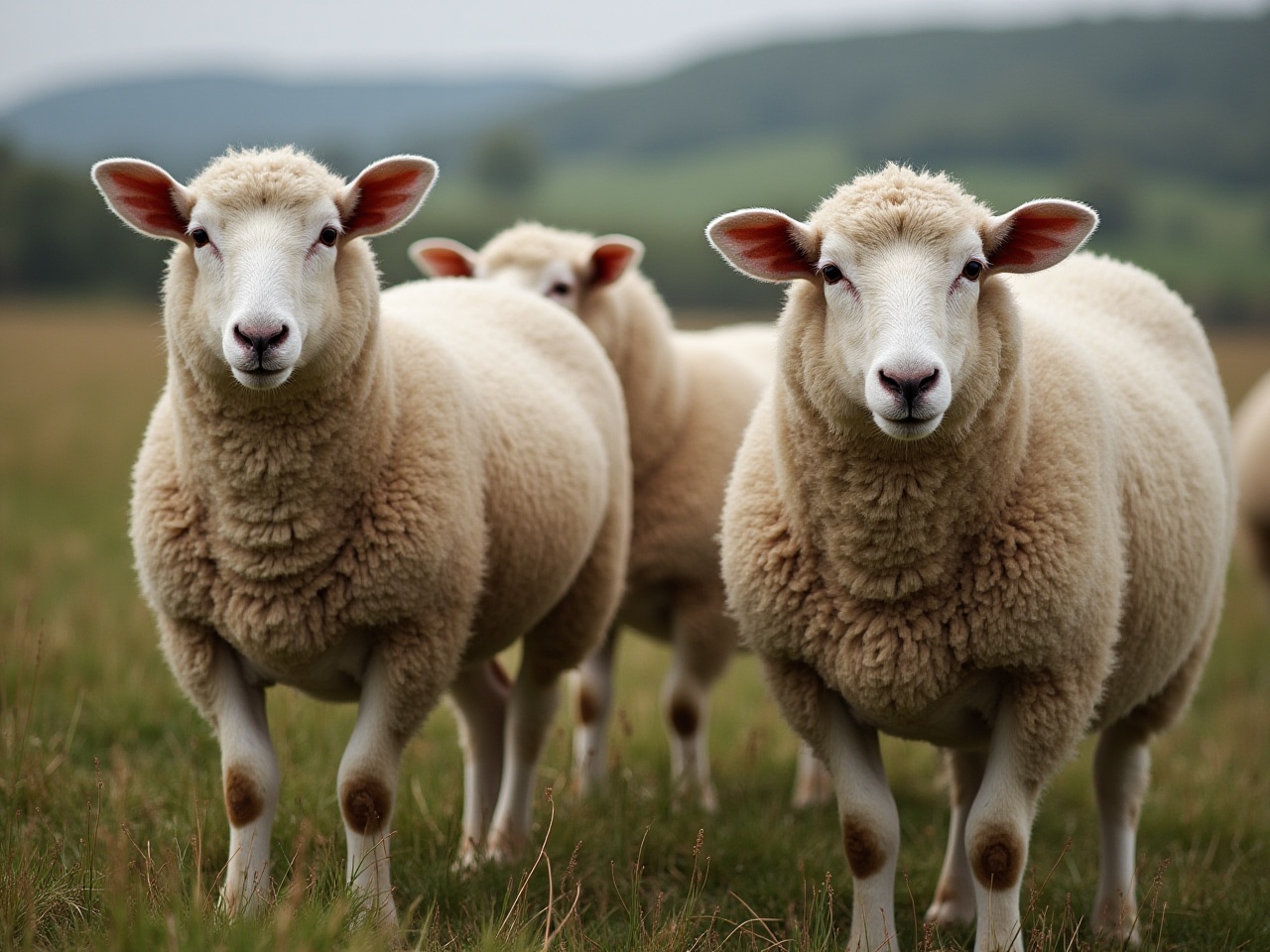 Sheep grazing in a lush green pasture near hills Sheep grazing in a lush green pasture near hills