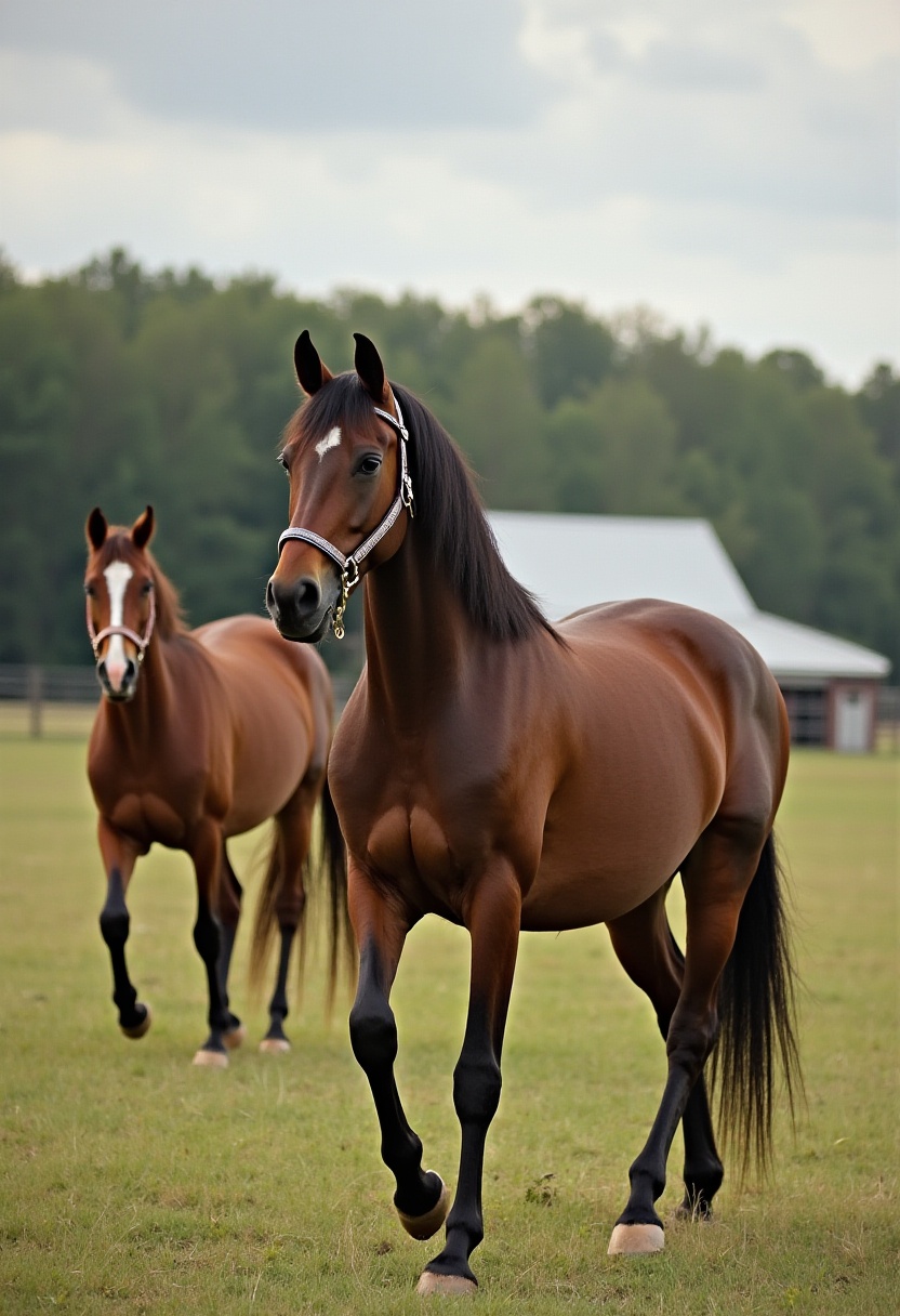 Horses walking in a green pasture near a barn Horses walking in a green pasture near a barn
