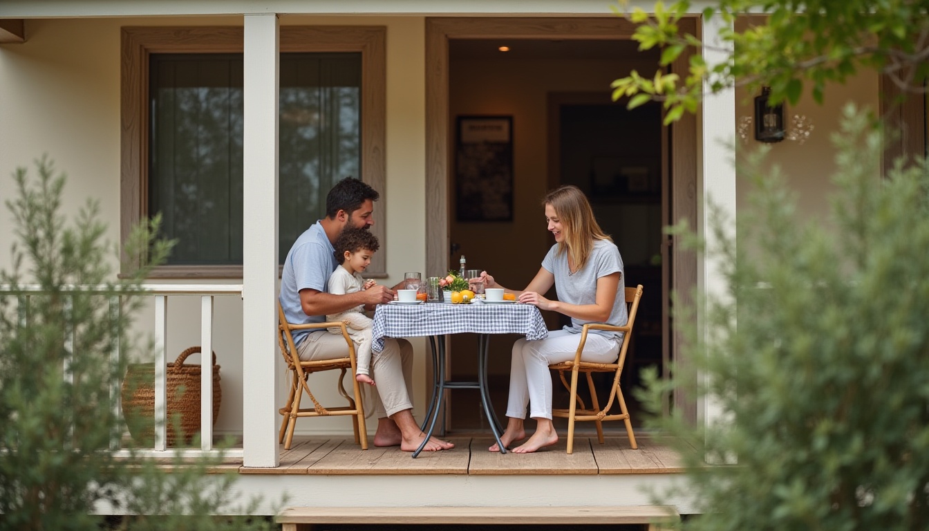 Family enjoying breakfast on a porch in a serene setting Family enjoying breakfast on a porch in a serene setting