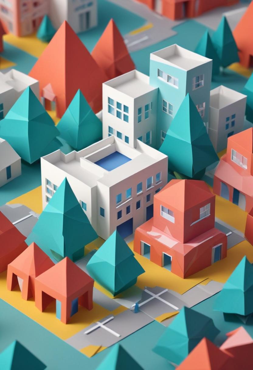 Colorful geometric cityscape with houses and trees Colorful geometric cityscape with houses and trees