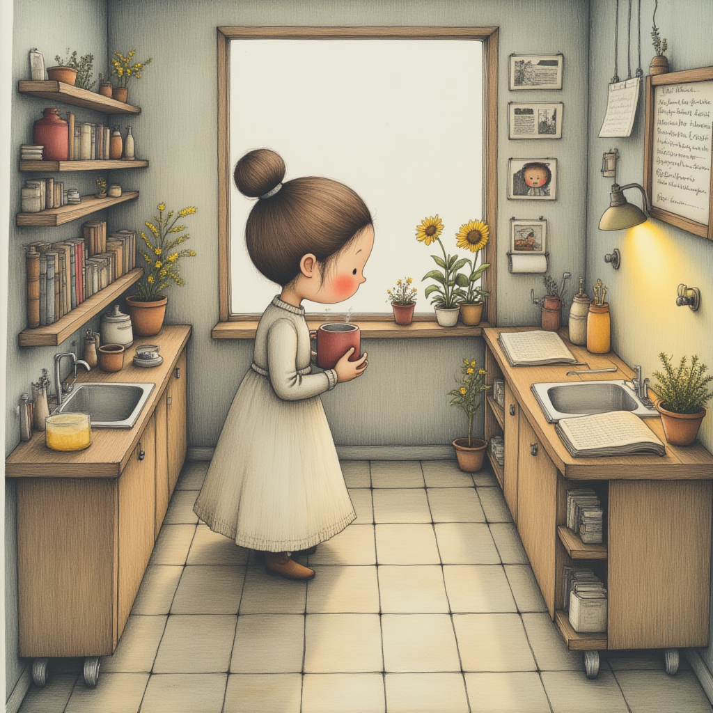 Girl tending to plants in a cozy kitchen setting Girl tending to plants in a cozy kitchen setting