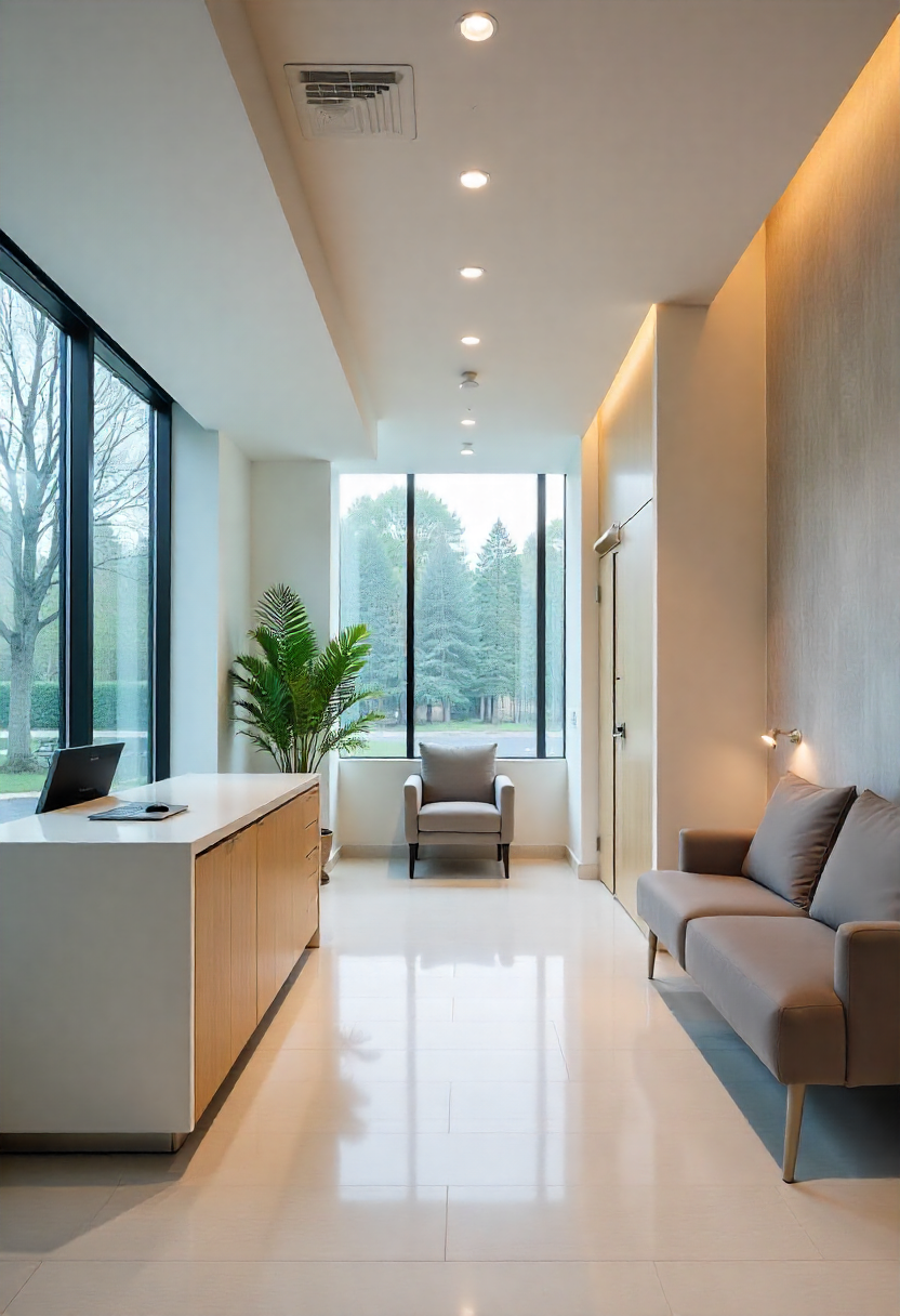 Modern lobby area with furniture and large windows Modern lobby area with furniture and large windows