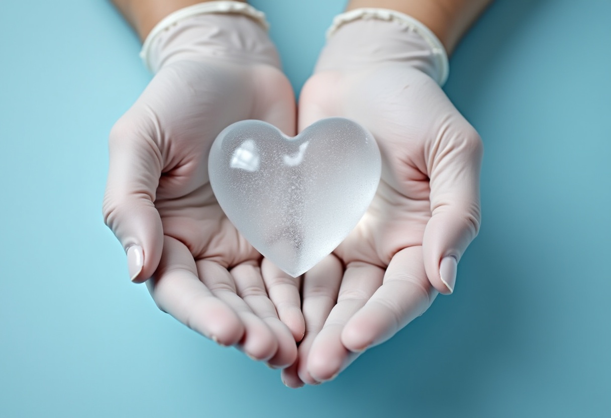 Gloved hands holding a clear heart on blue Gloved hands holding a clear heart on blue