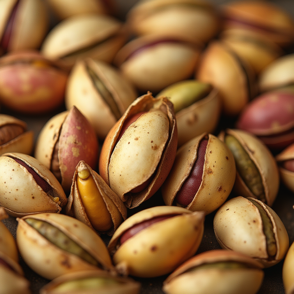 Pistachios in various shades piled together on a surface Pistachios in various shades piled together on a surface
