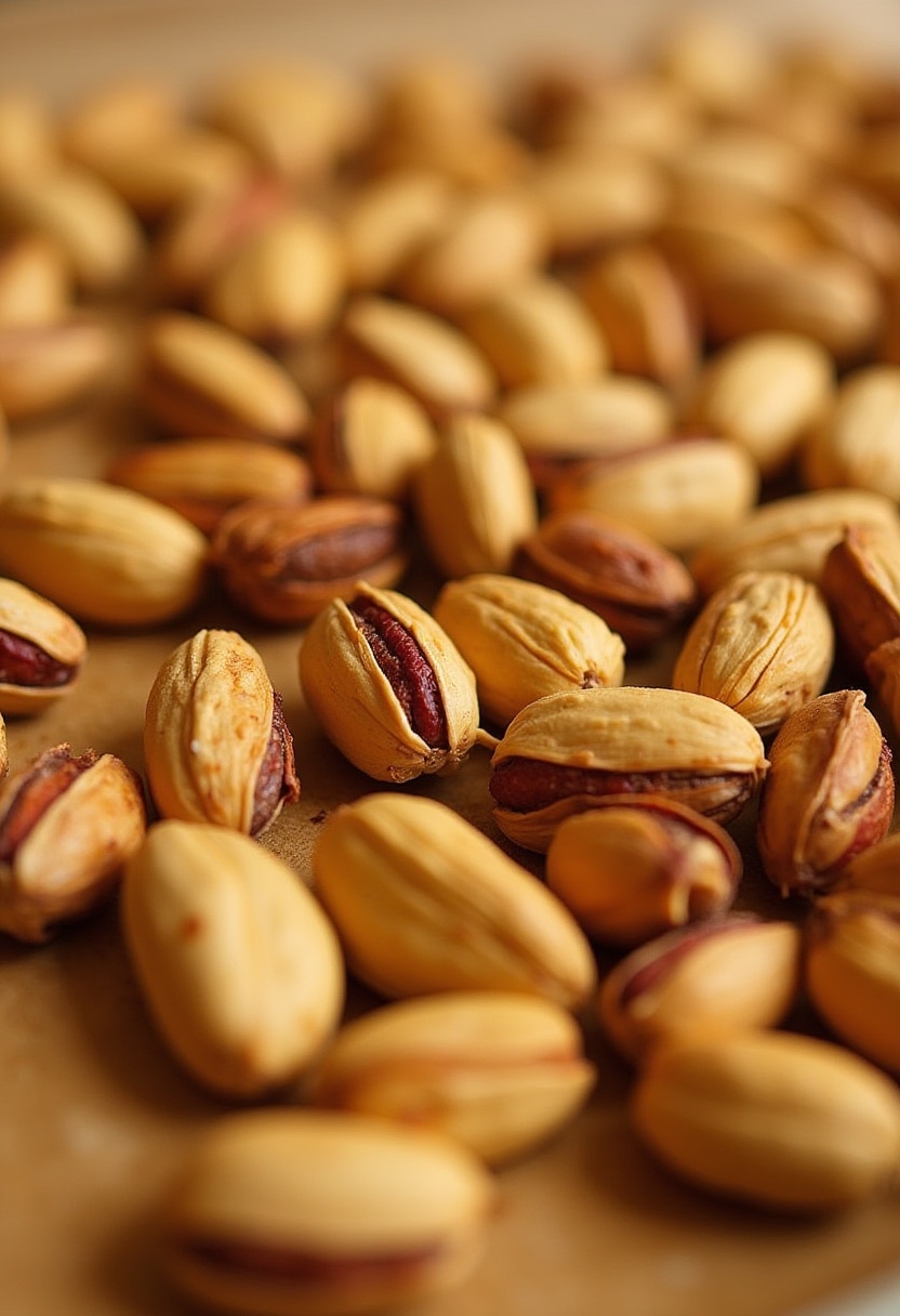 Pistachios scattered on table ready for snacking Pistachios scattered on table ready for snacking