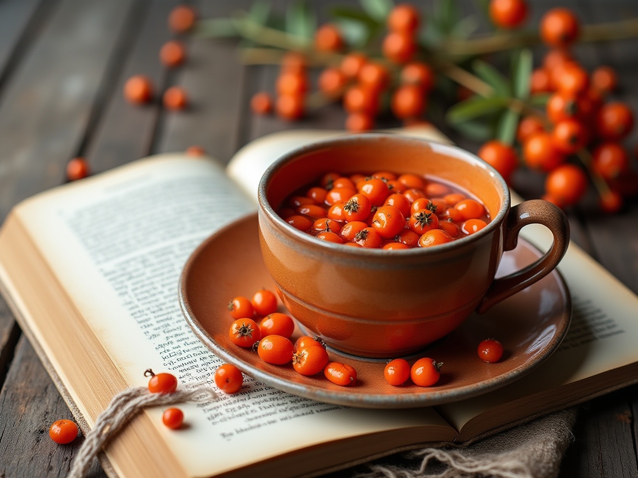 Warm cup filled with sea buckthorn berries on open book Warm cup filled with sea buckthorn berries on open book