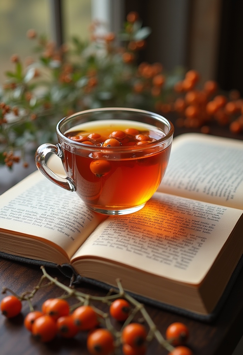 Warm cup of tea beside an open book with berries Warm cup of tea beside an open book with berries