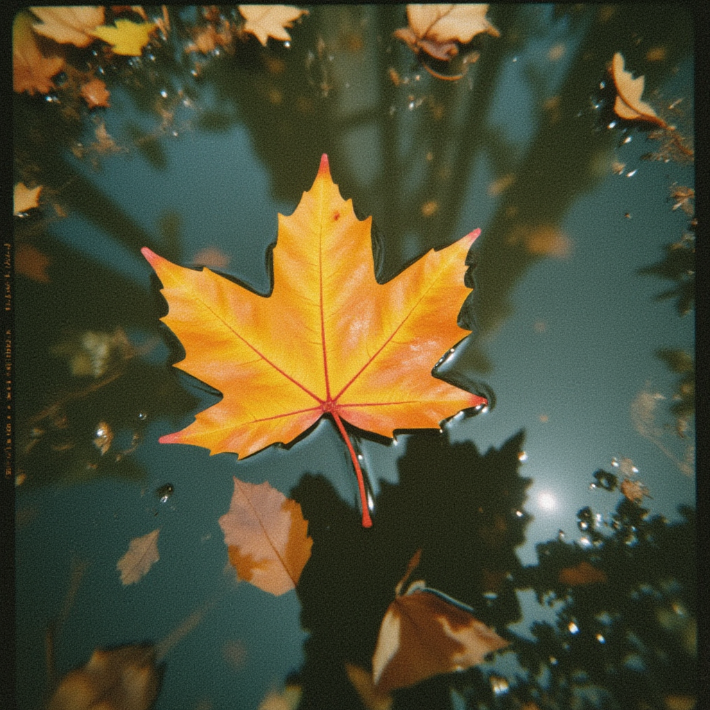 Bright autumn leaf floating in a serene puddle Bright autumn leaf floating in a serene puddle