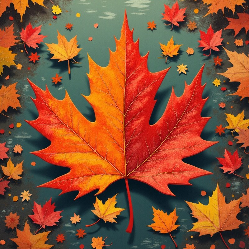 Autumn maple leaf on teal background with scattered leaves Autumn maple leaf on teal background with scattered leaves