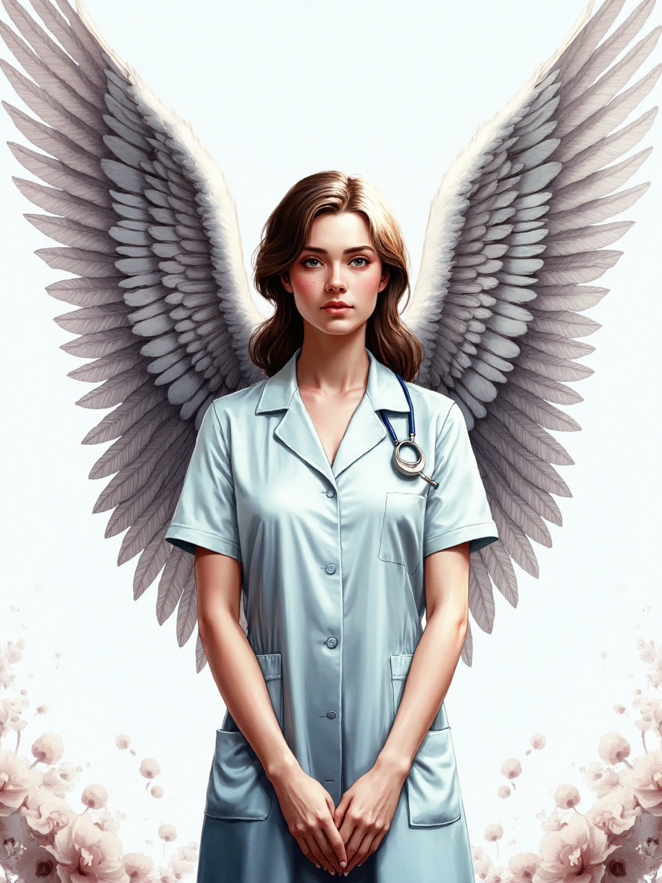 Nurse with angel wings stands in a serene setting Nurse with angel wings stands in a serene setting