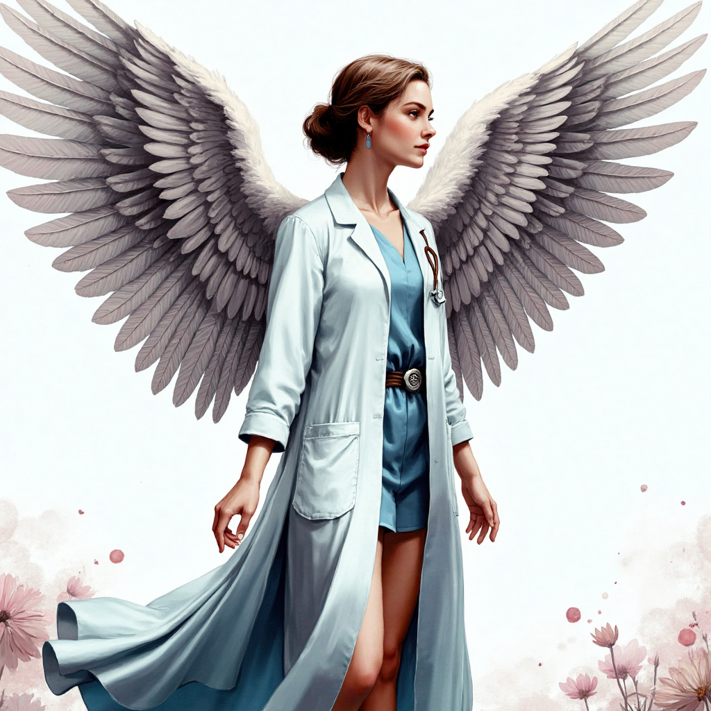 Doctor with angel wings walking through a peaceful garden Doctor with angel wings walking through a peaceful garden