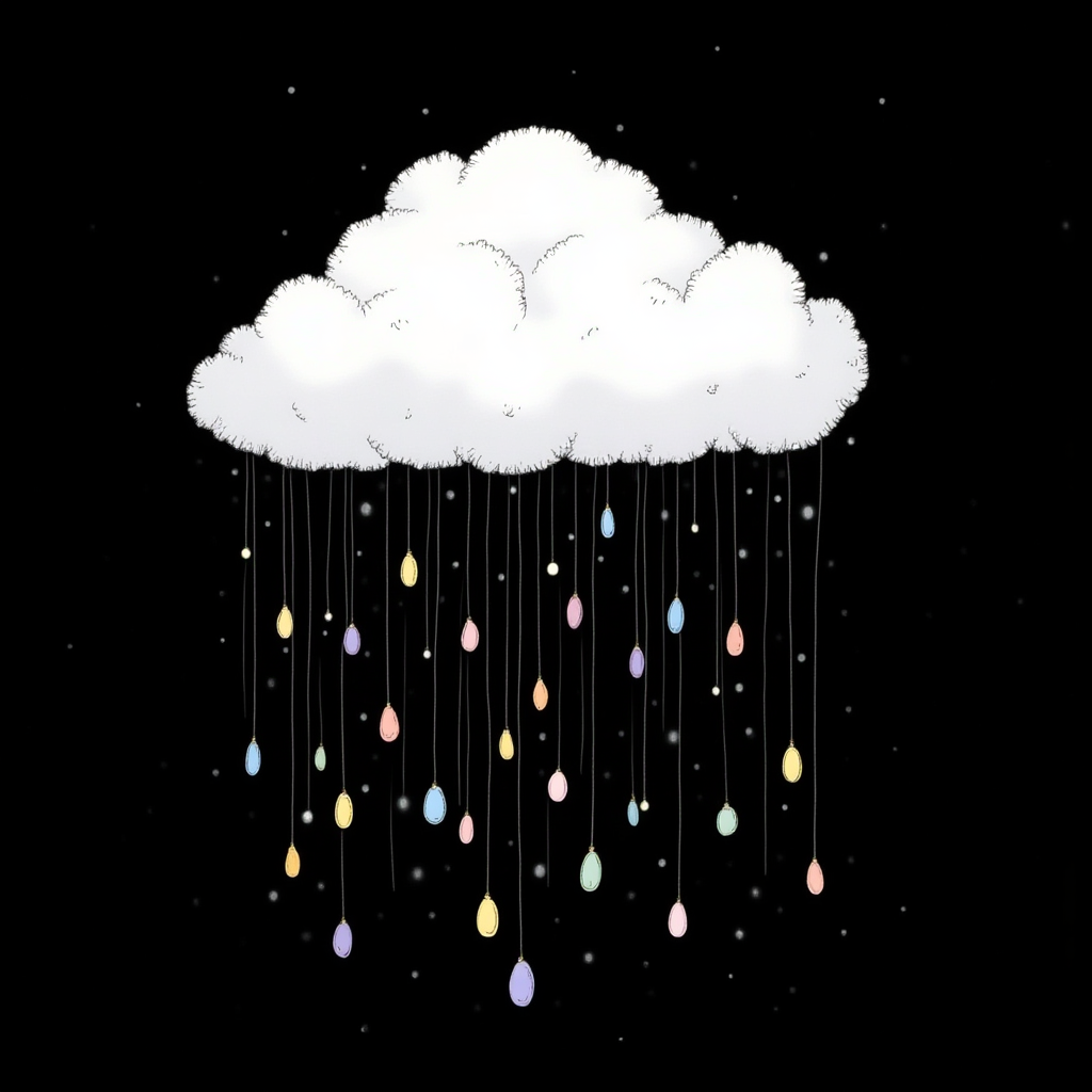 Colorful raindrops falling from a fluffy cloud Colorful raindrops falling from a fluffy cloud