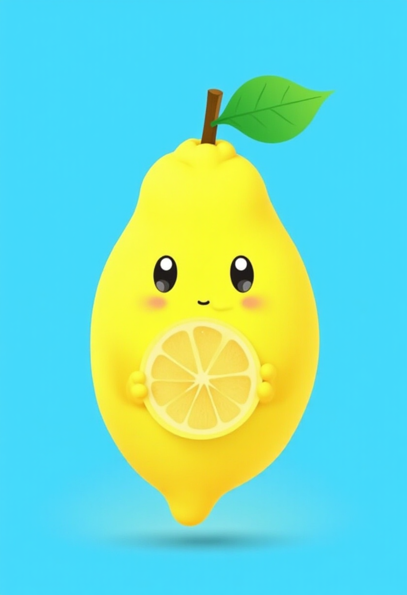 Cute lemon character holding a slice of lemon Cute lemon character holding a slice of lemon