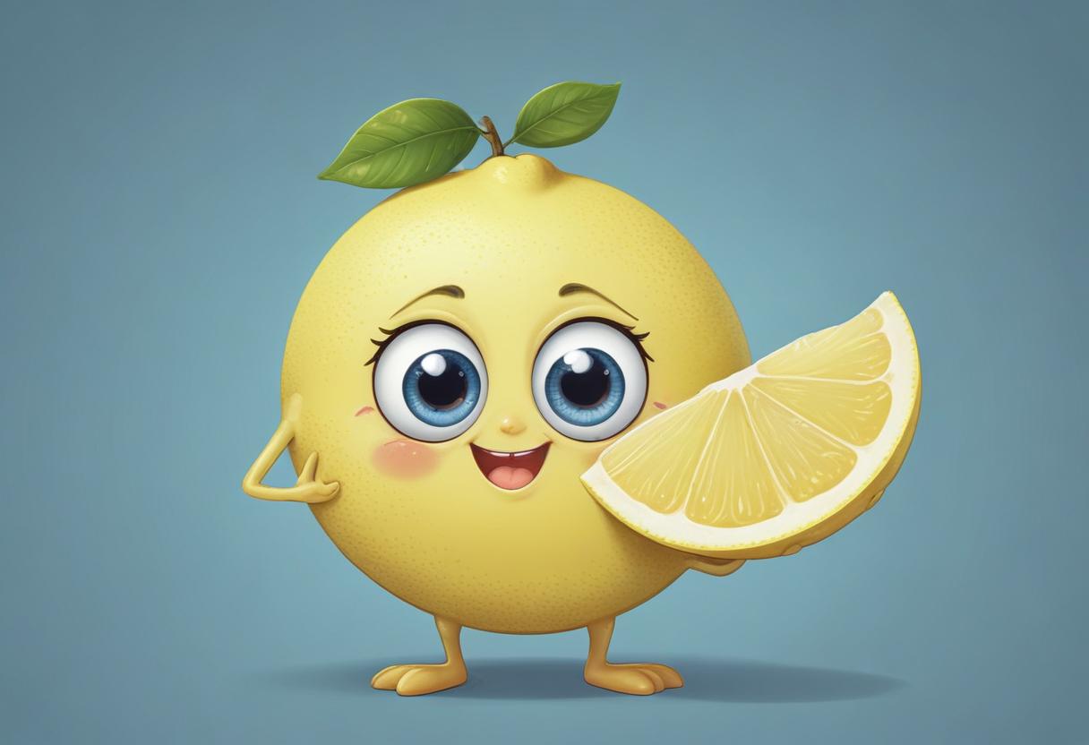 Cheerful cartoon lemon holding a slice in a playful pose Cheerful cartoon lemon holding a slice in a playful pose