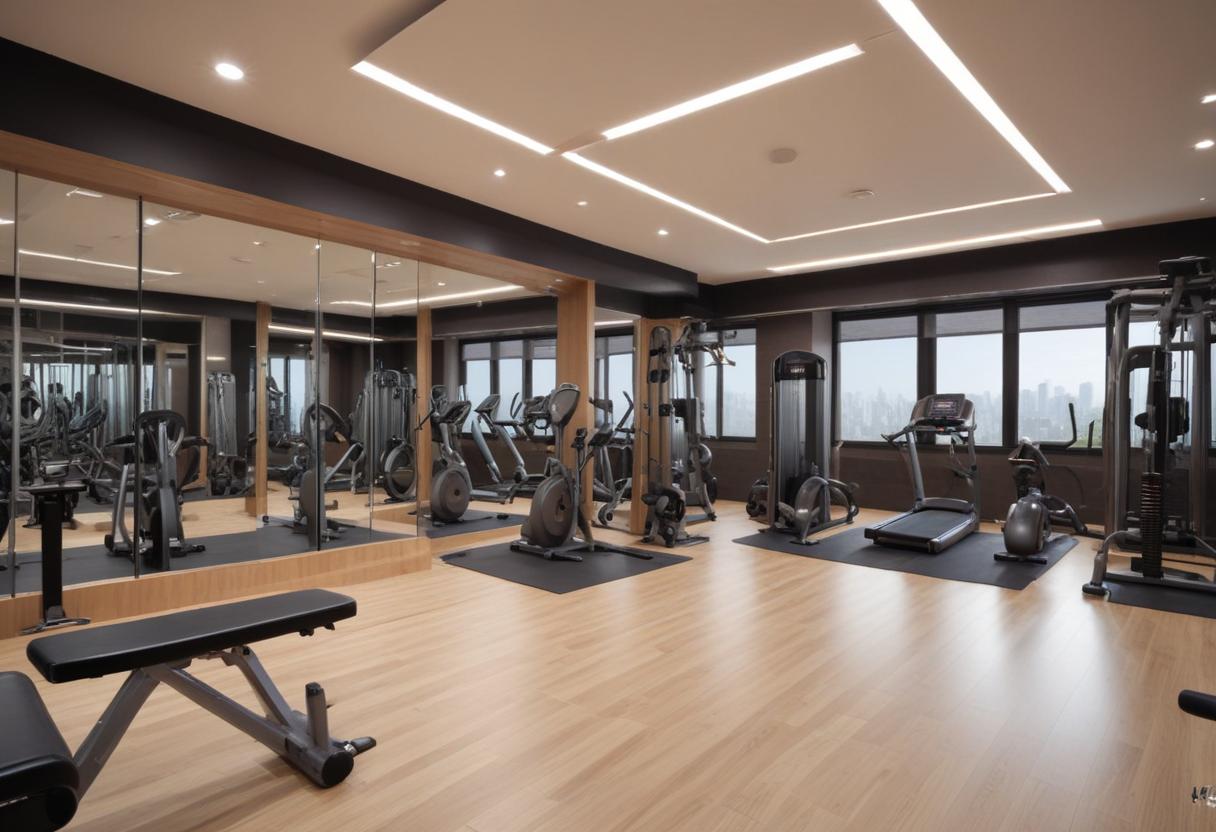 Modern gym with equipment and city view in daytime Modern gym with equipment and city view in daytime
