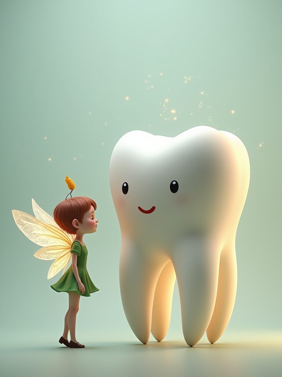 Child meets friendly tooth character in whimsical setting Child meets friendly tooth character in whimsical setting