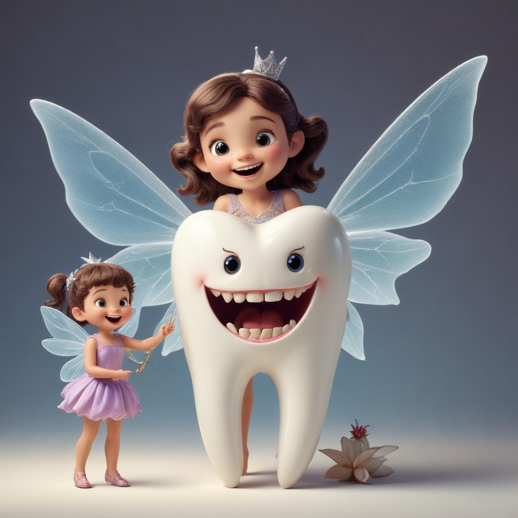 Children celebrate tooth fairy with big tooth character Children celebrate tooth fairy with big tooth character