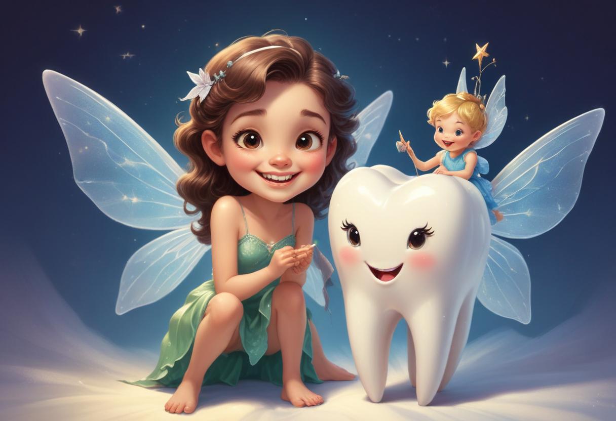 Fairy characters with a big tooth in a magical setting Fairy characters with a big tooth in a magical setting