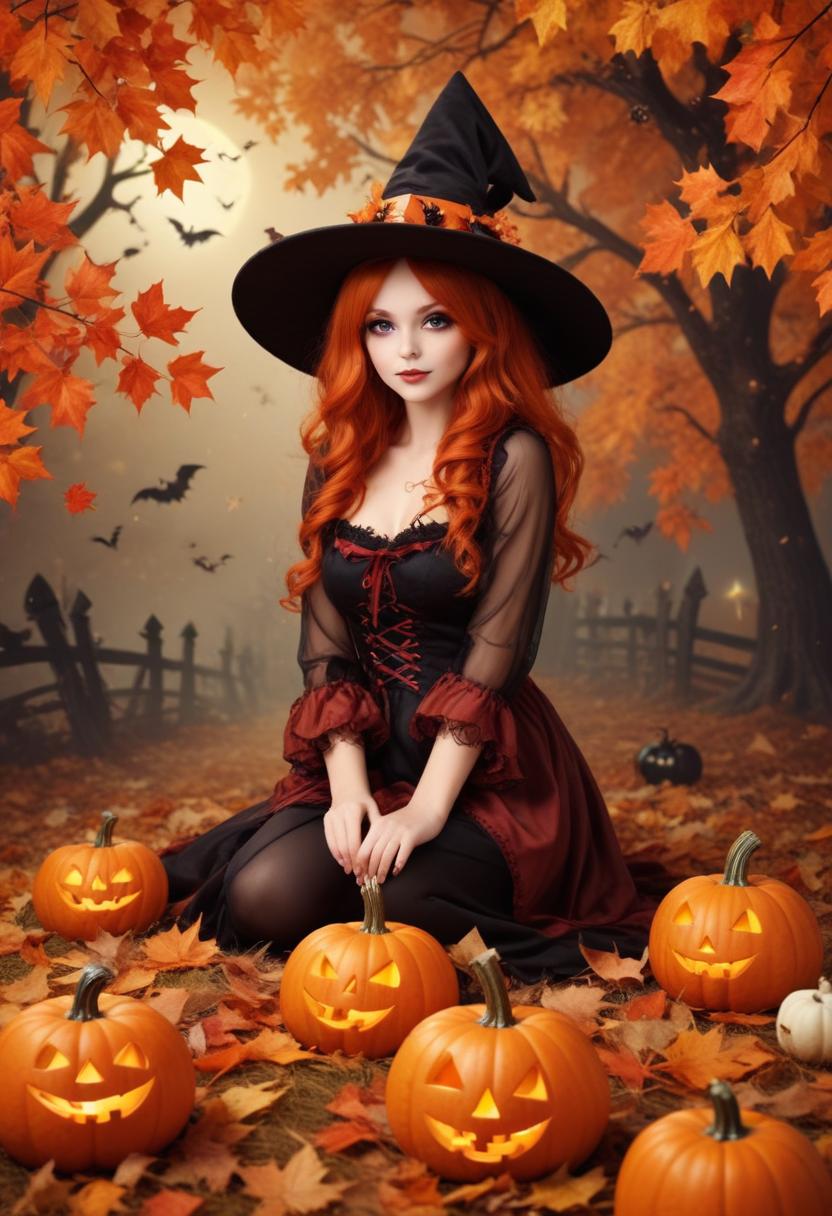 Cute witch surrounded by pumpkins in autumn setting Cute witch surrounded by pumpkins in autumn setting