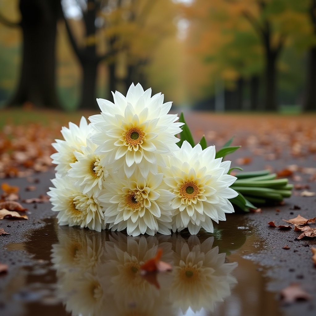 White flowers on a wet path surrounded by autumn leaves White flowers on a wet path surrounded by autumn leaves