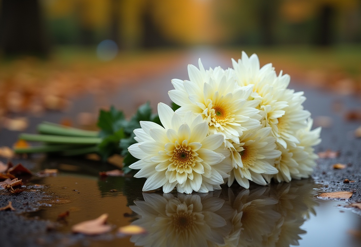White flowers resting on a wet path in autumn White flowers resting on a wet path in autumn