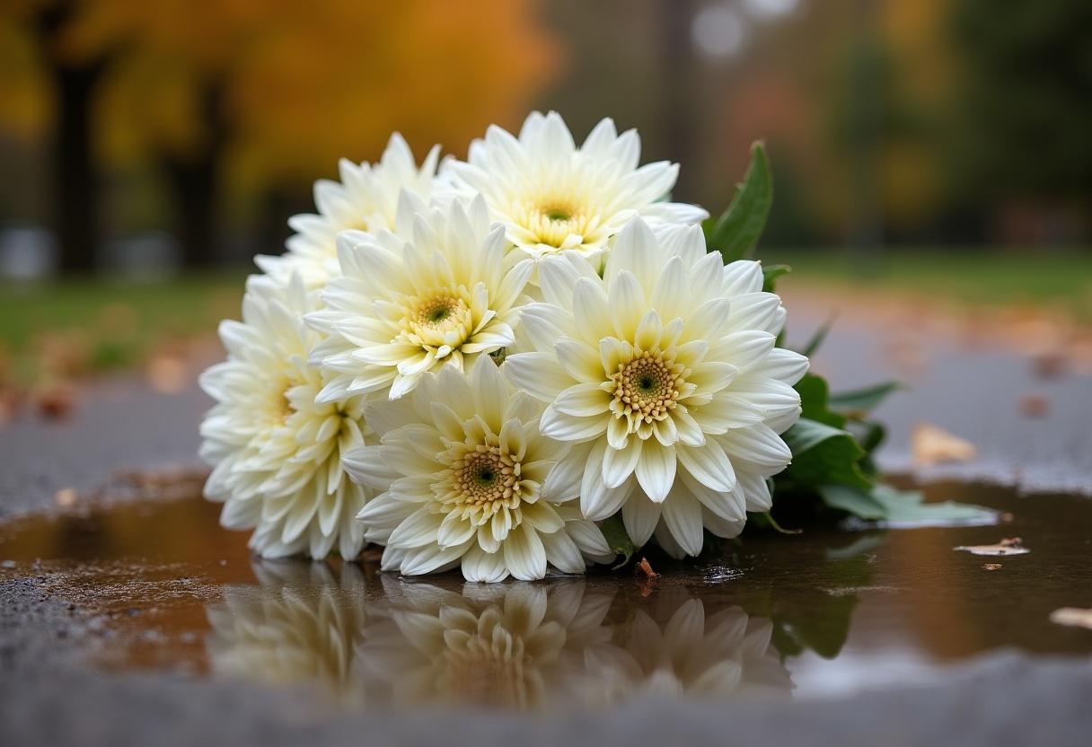 White flowers resting on wet ground after rain White flowers resting on wet ground after rain