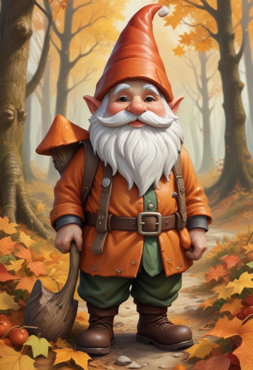 Cheerful gnome in autumn forest with colorful leaves