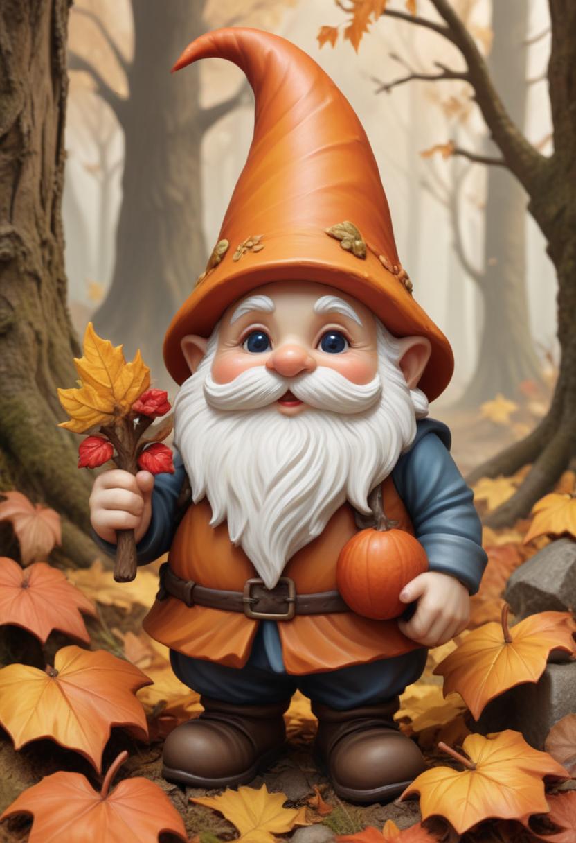 Cute gnome holds leaves and pumpkin in autumn forest Cute gnome holds leaves and pumpkin in autumn forest