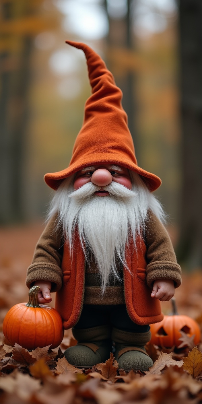 Gnome in orange hat holds pumpkins in autumn forest Gnome in orange hat holds pumpkins in autumn forest