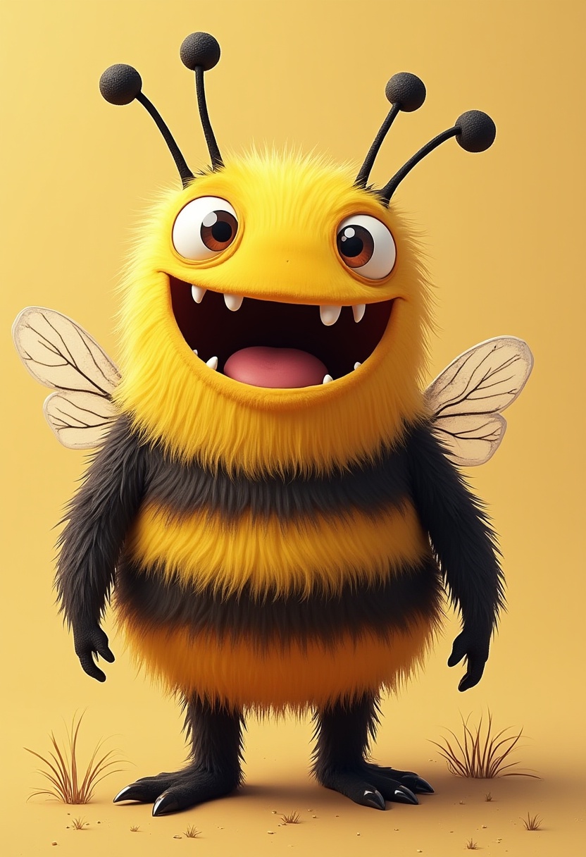 Cheerful cartoon bee character standing on yellow background Cheerful cartoon bee character standing on yellow background