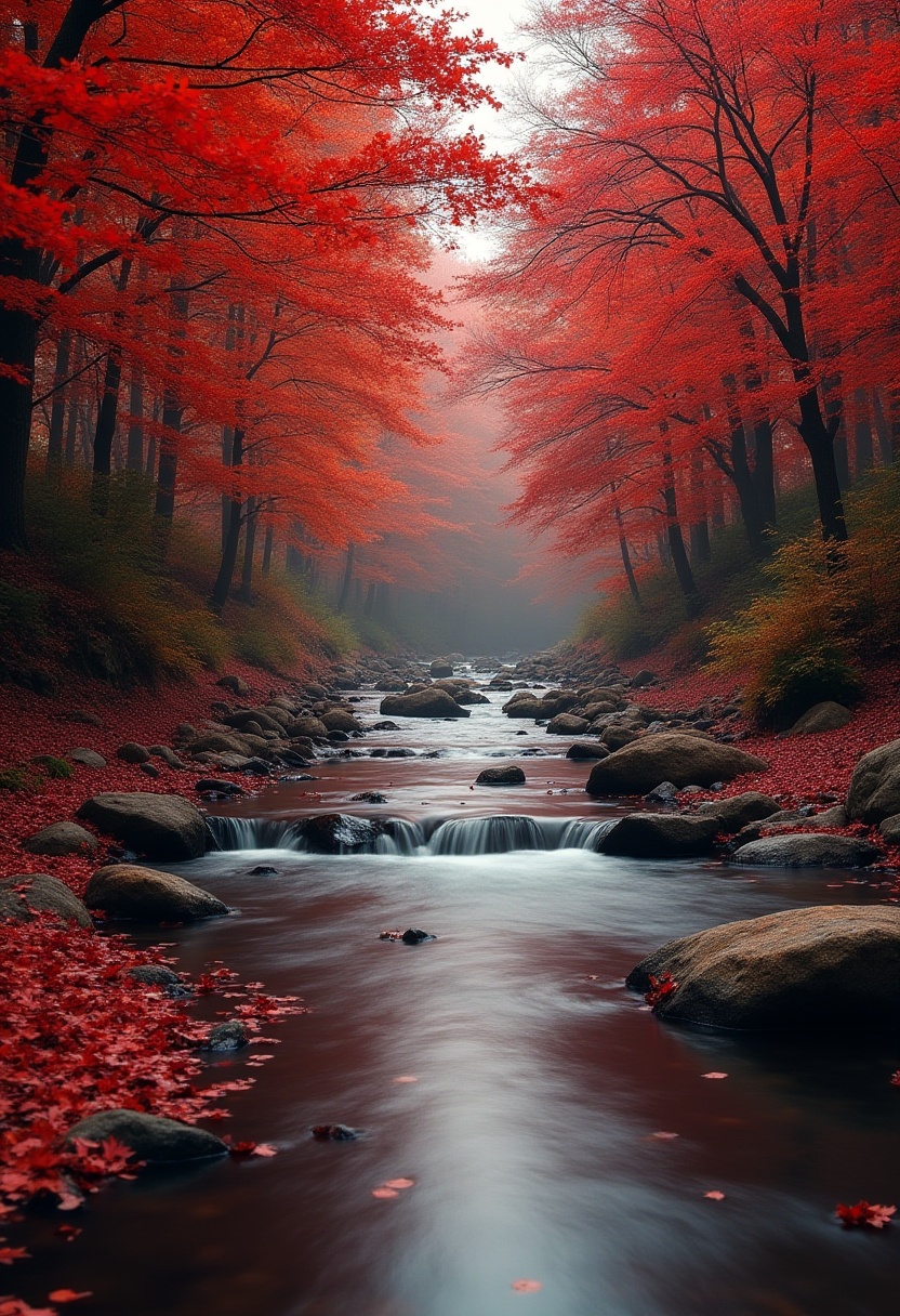 Serene stream flowing through a vibrant red forest Serene stream flowing through a vibrant red forest