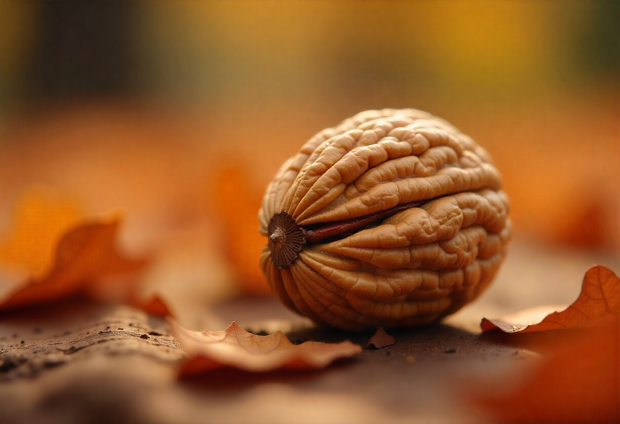 Walnut resting on autumn leaves in a warm setting Walnut resting on autumn leaves in a warm setting