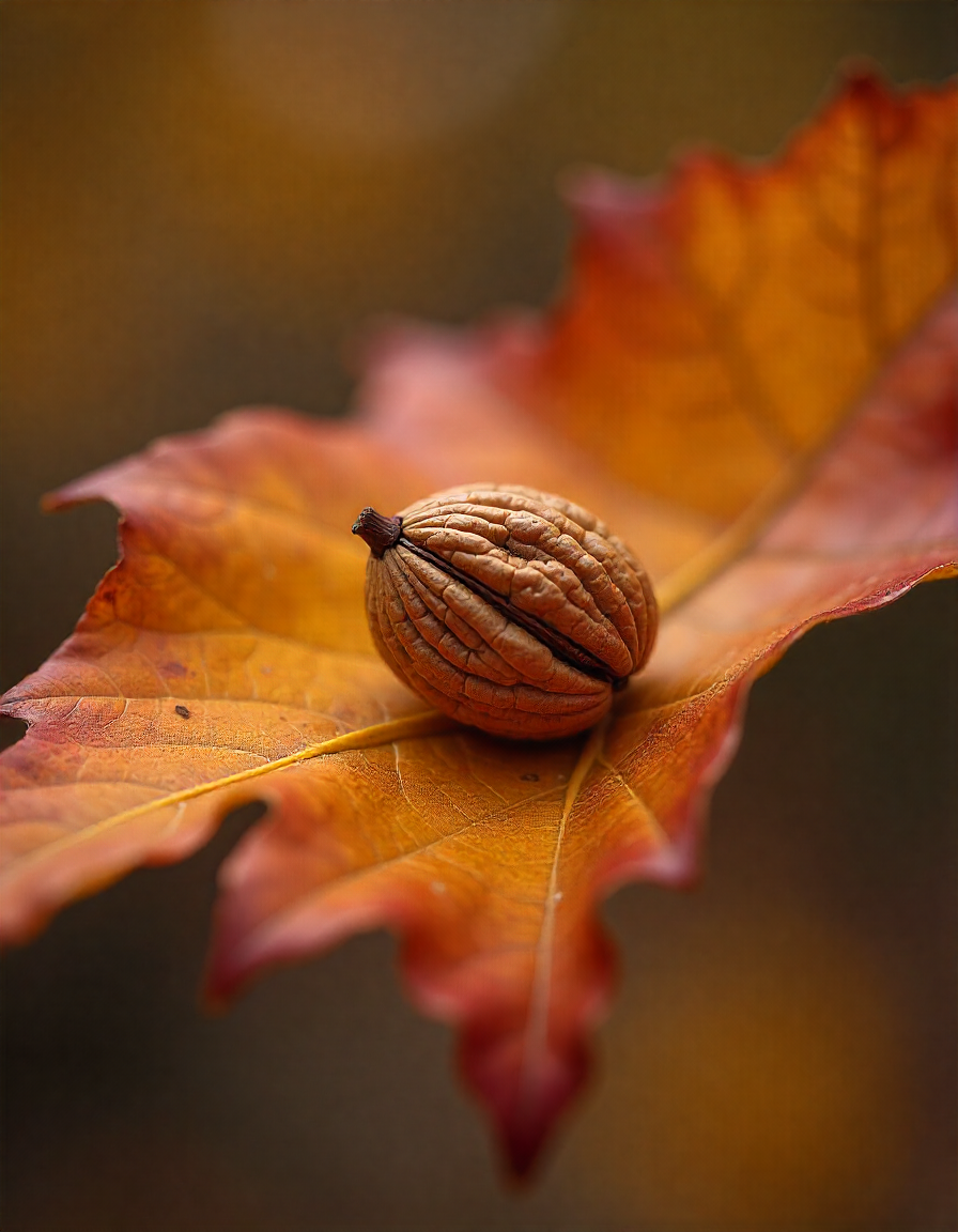 Walnut resting on vibrant autumn leaf in nature Walnut resting on vibrant autumn leaf in nature