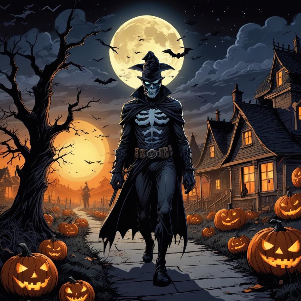 Skeleton figure walks through spooky halloween scene Skeleton figure walks through spooky halloween scene