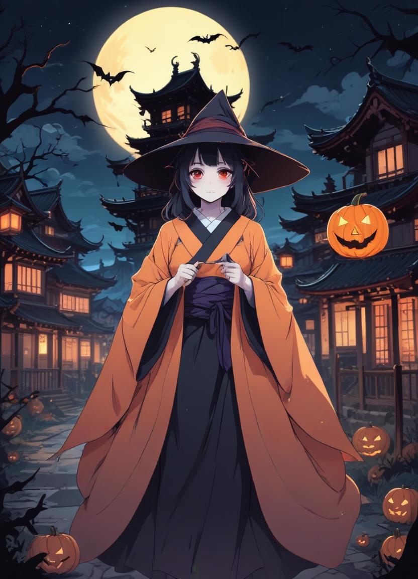 Halloween witch in a spooky town under the full moon Halloween witch in a spooky town under the full moon