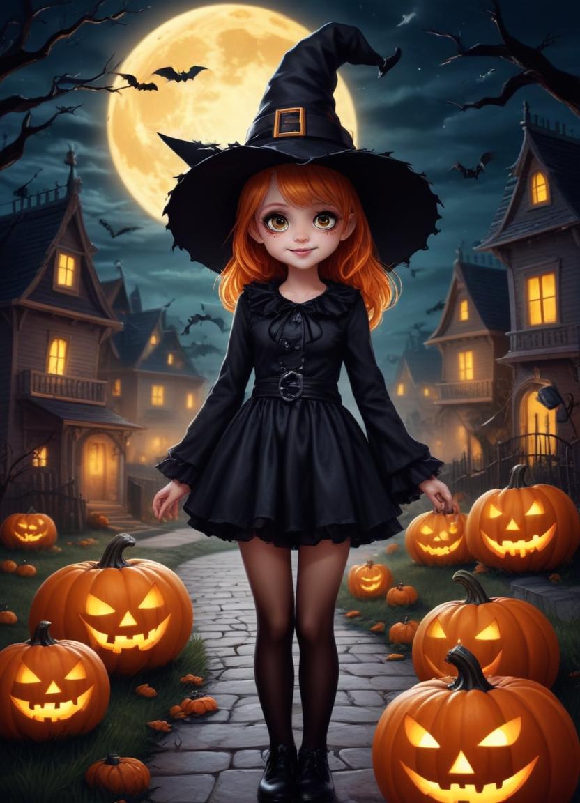 Little witch in a spooky halloween setting with pumpkins Little witch in a spooky halloween setting with pumpkins