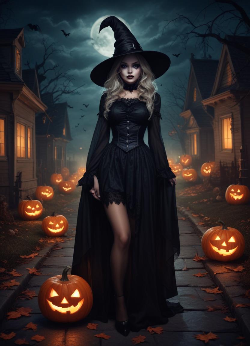 Witch walking through a spooky halloween village at night Witch walking through a spooky halloween village at night