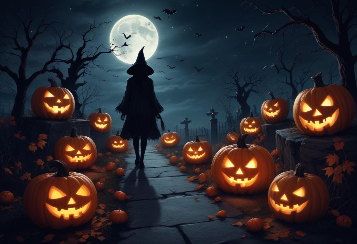 Halloween night with pumpkins and a witch under the moon Halloween night with pumpkins and a witch under the moon