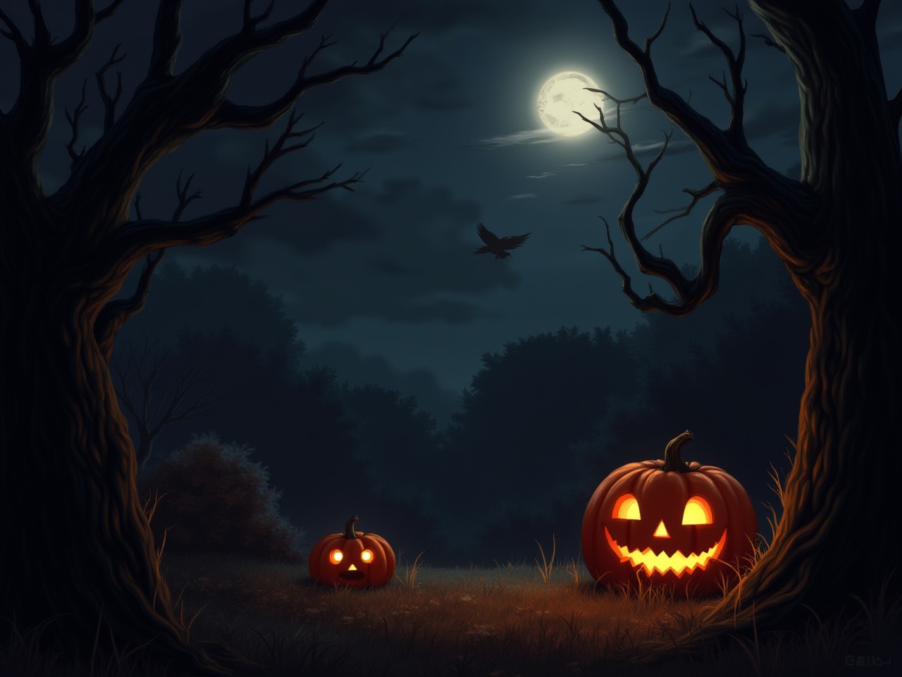 Spooky night in the pumpkin patch under a full moon Spooky night in the pumpkin patch under a full moon